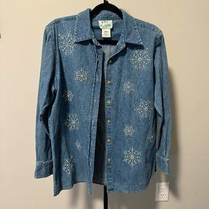 Vintage Quacker Factory Rhinestone Snowflake Denim Button Down -‎ Size Medium